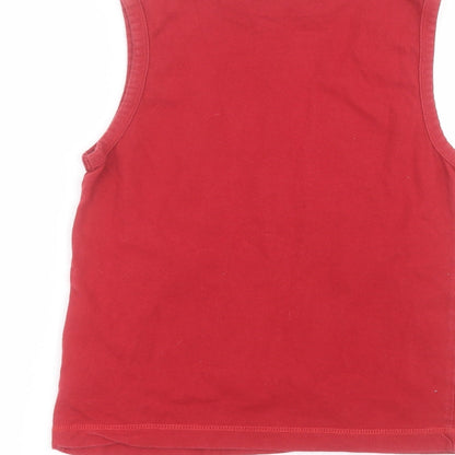 Brand and care label for Reebok boys’ red cotton basic tank, size M, round neck
