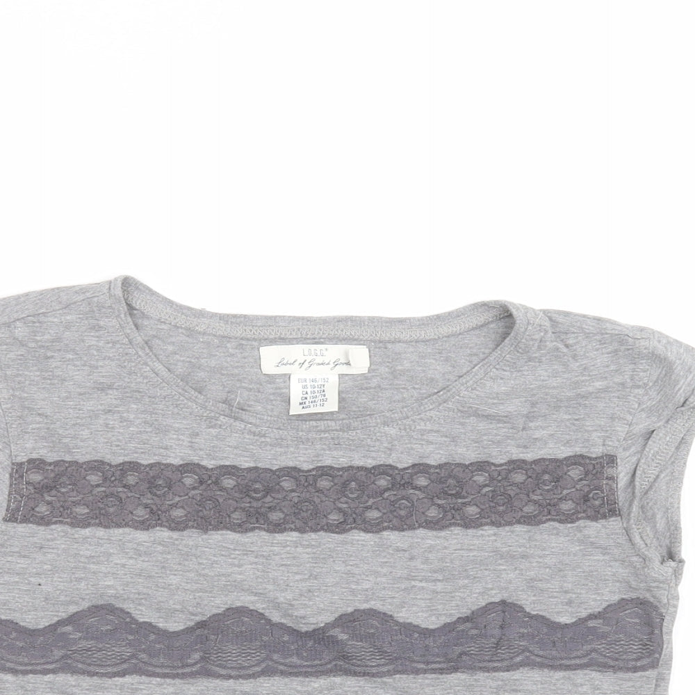 H&M Girls Grey Striped Cotton Cropped T-Shirt Size 11-12 Years Round Neck