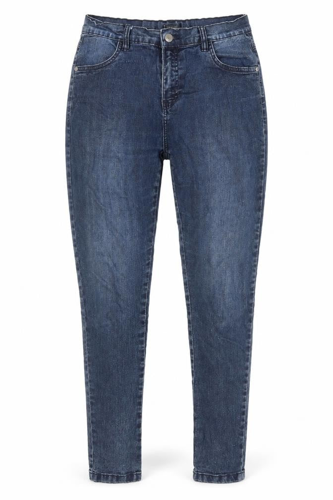 Front view of women’s blue cotton skinny jeans, size UK 12, 28-inch leg regular