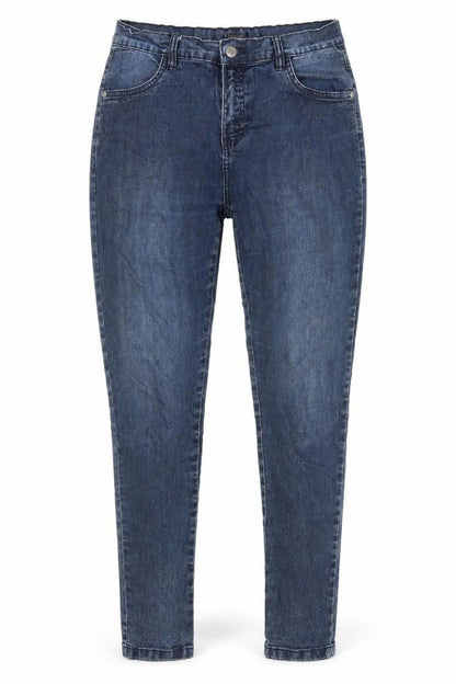 Front view of women’s blue cotton skinny jeans, size UK 12, 28-inch leg regular