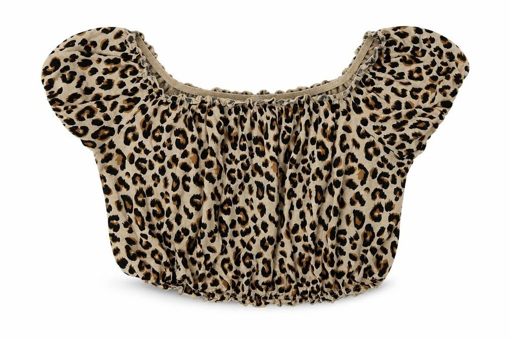 Front view of H&M women’s brown animal print viscose cropped blouse, size M, round neck