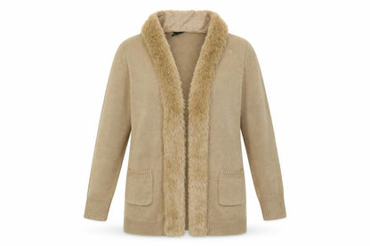 Front view of B. Yo women’s beige overcoat coatigan, size UK 14