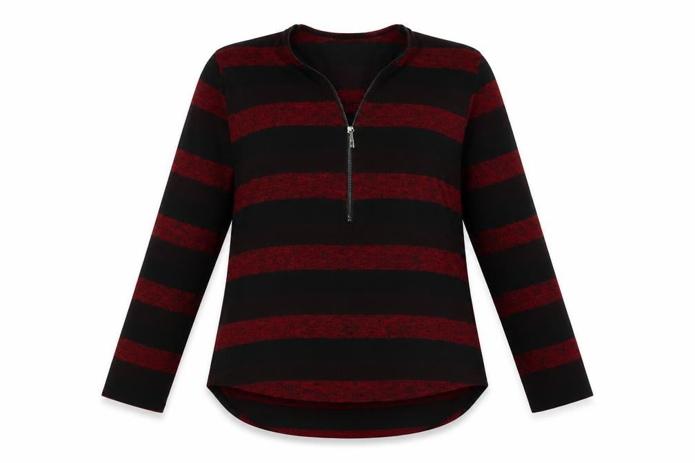 Front view of New Collection women’s red v-neck striped acrylic jumper, size M