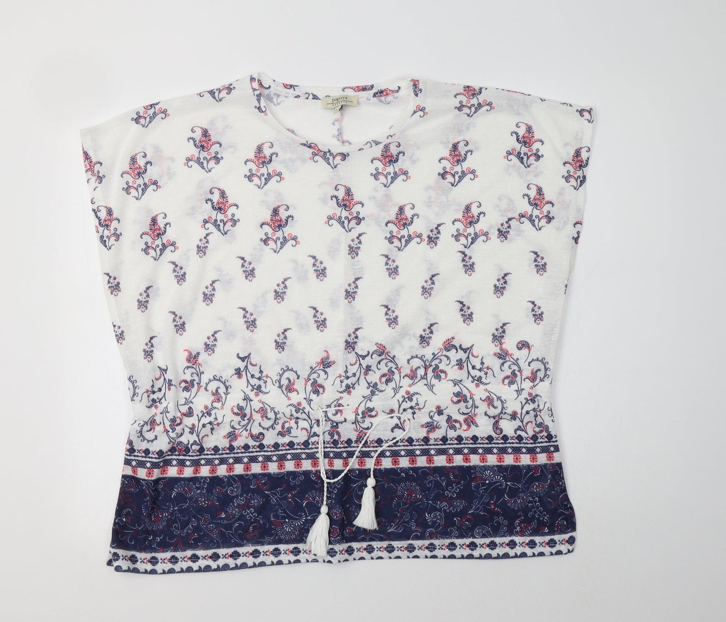 Papaya Womens White Paisley Polyester Basic Blouse Size L Round Neck