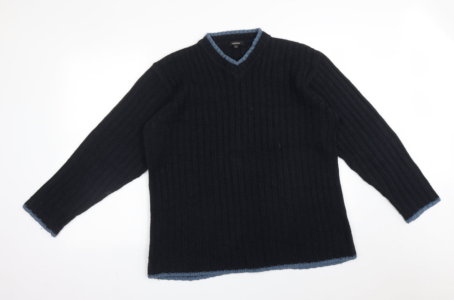 George Mens Blue Striped Acrylic Pullover Sweatshirt Size S