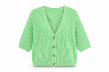 Front view of Next women’s green v-neck acrylic cardigan jumper, size S