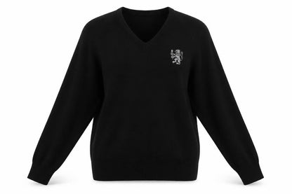 Front view of Charles Kirk women’s black v-neck acrylic jumper, size M