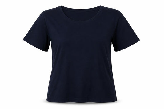 Front view of Country Casuals women’s blue viscose basic t-shirt, size L, crew neck