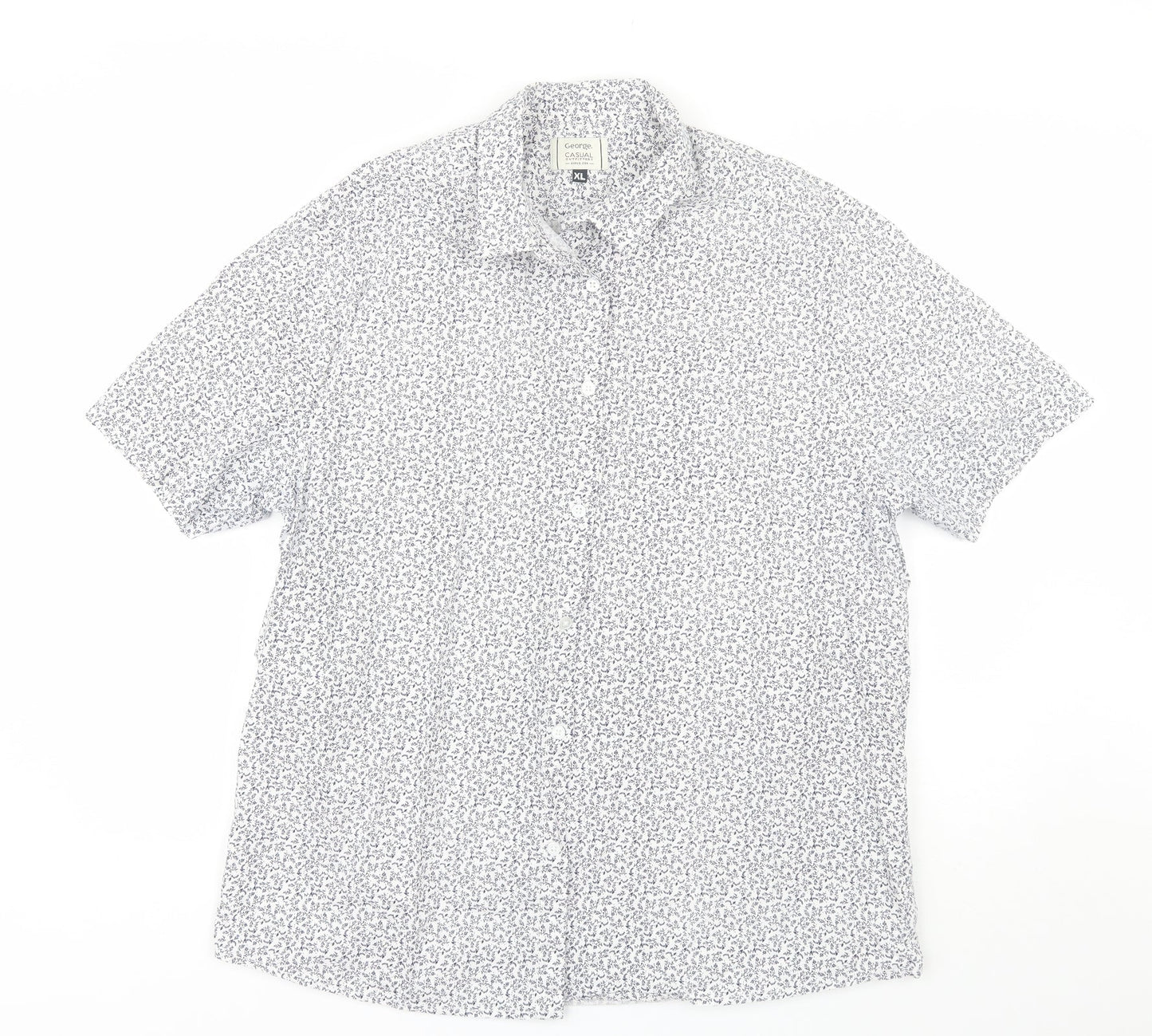 George Mens White Floral Cotton  Button-Up Size XL Collared