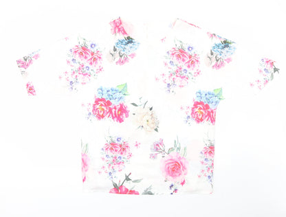 Preworn Womens White Floral Polyester Basic Blouse Size 2XL Round Neck