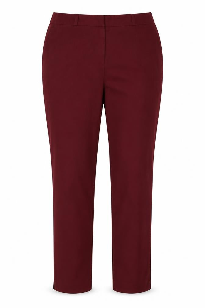 Front view of Tailored women’s red polyester dress pants trousers, size UK 14, 25-inch leg regular