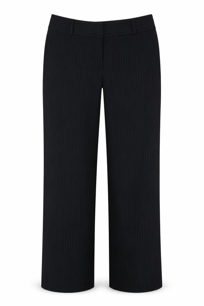 Front view of F&F women’s black striped viscose dress pants trousers, size UK 14, 27-inch leg regular