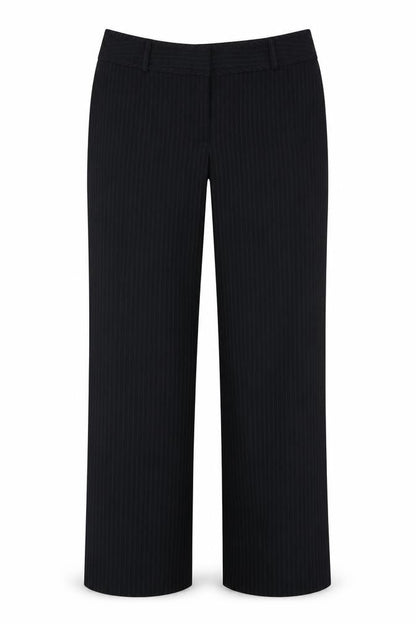 Front view of F&F women’s black striped viscose dress pants trousers, size UK 14, 27-inch leg regular