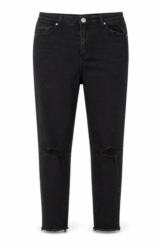 Front view of Boohoo women’s black cotton skinny jeans, size UK 12, 24-inch leg regular