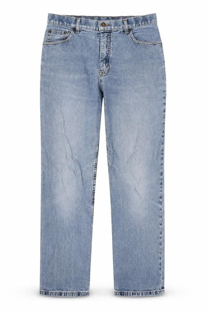 Front view of women’s blue cotton cropped jeans, size UK 28, in, 24-inch leg regular