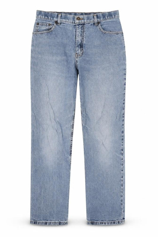 Front view of women’s blue cotton cropped jeans, size UK 28, in, 24-inch leg regular