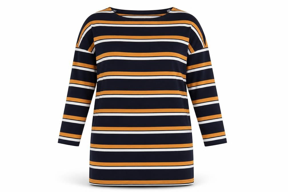Front view of F&F women’s multicoloured striped polyester jumper dress, size UK 12, round neck