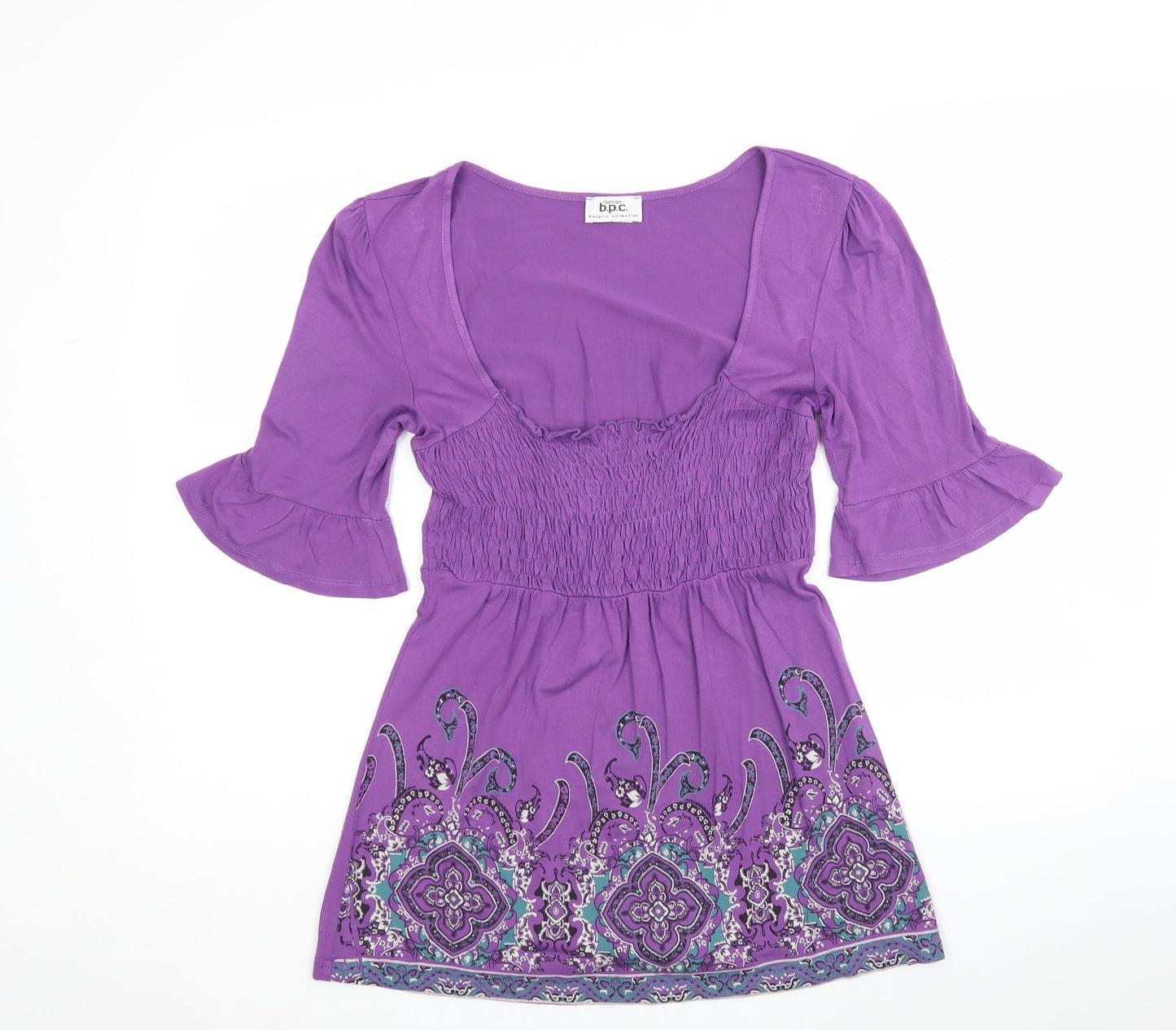 b.p.c Womens Purple Paisley Viscose Basic Blouse Size S Scoop Neck