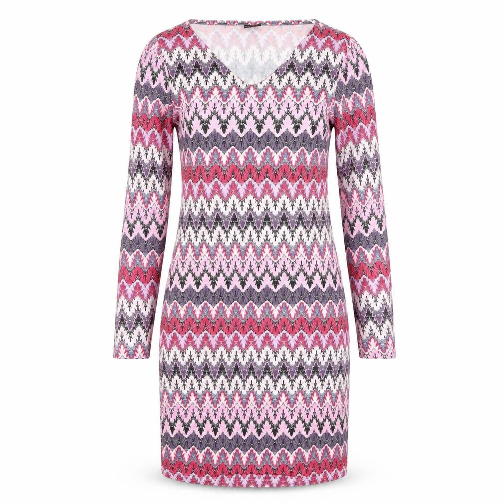 Front view of Body Flirt women’s multicoloured striped viscose pencil dress, size S, v-neck