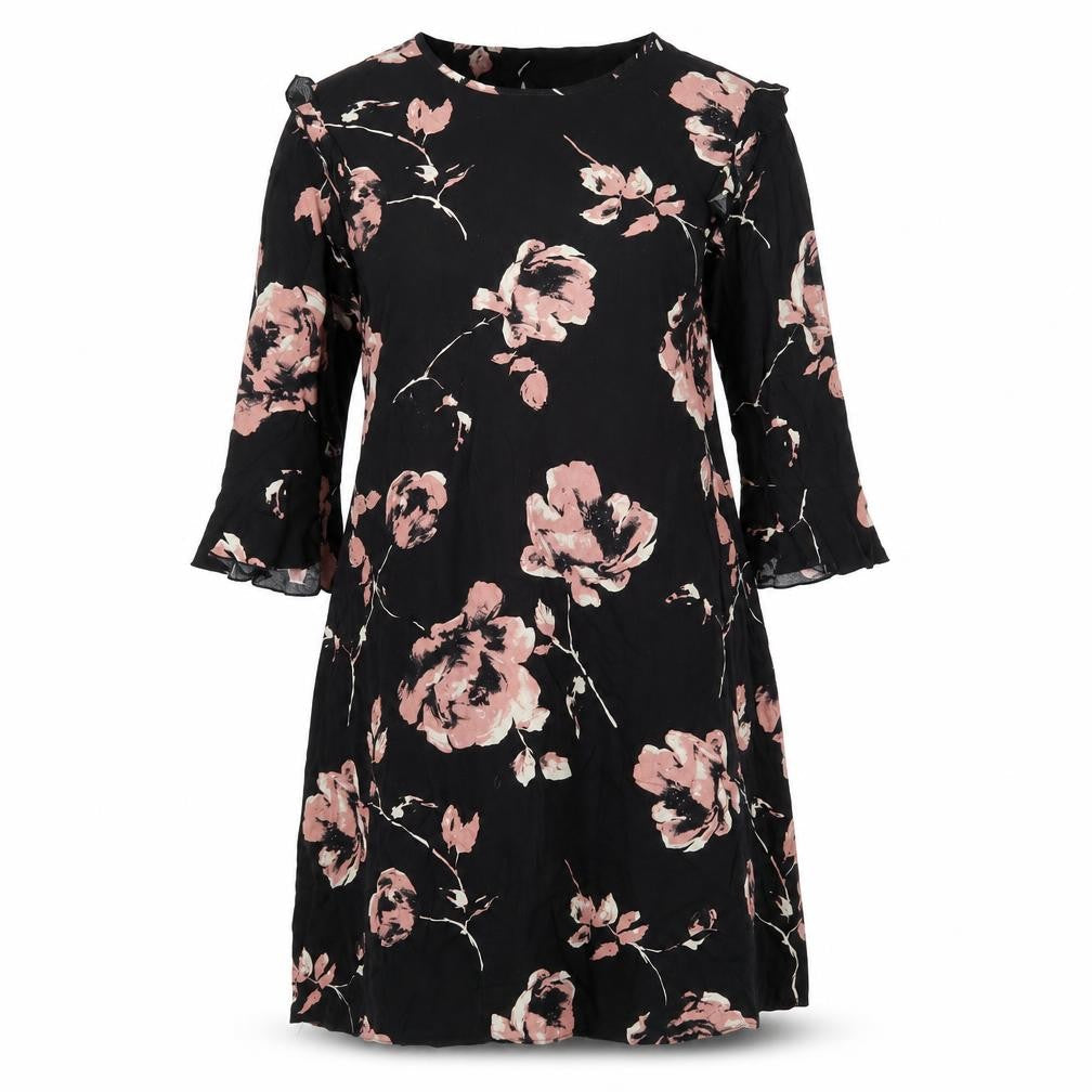 Front view of Peacocks women’s multicoloured floral viscose a-line, size UK 10, round neck
