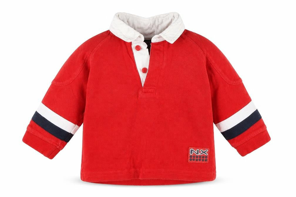 Front view of NX boys’ red cotton basic polo, size 9-12, months collared