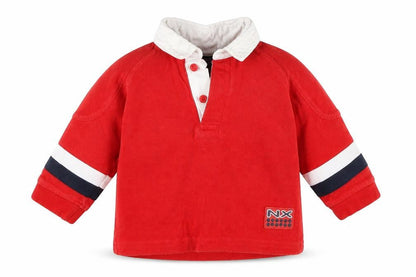 Front view of NX boys’ red cotton basic polo, size 9-12, months collared