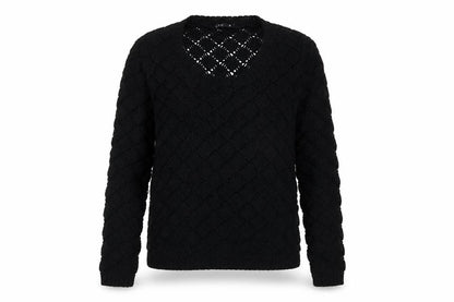 Front view of Miso women’s black argyle/diamond acrylic pullover sweatshirt, size UK 10