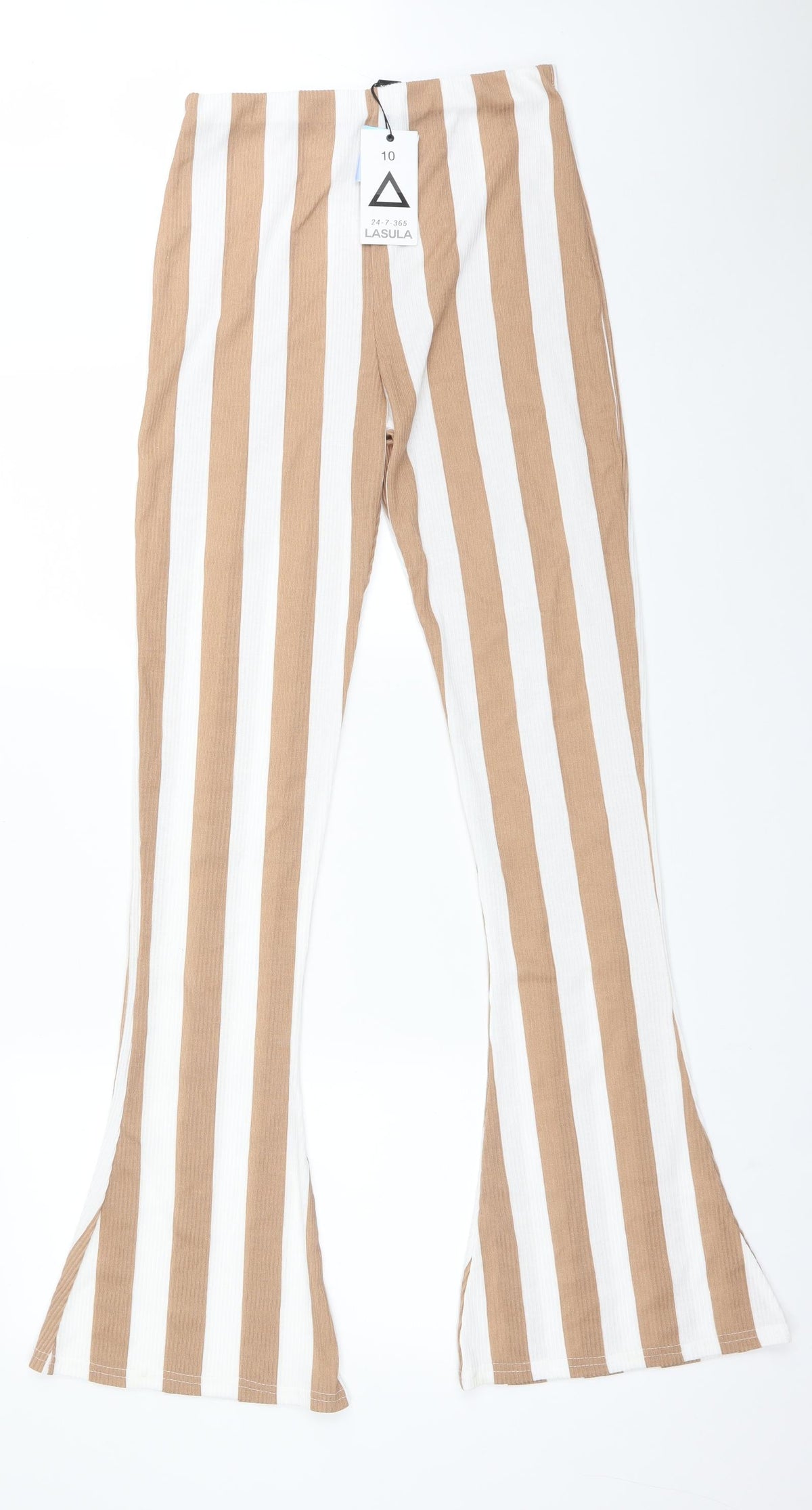 Front view of LASULA women’s multicoloured striped polyester trousers, size UK 10, 33-inch leg regular