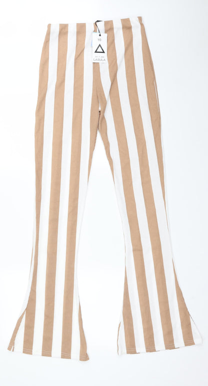 Front view of LASULA women’s multicoloured striped polyester trousers, size UK 10, 33-inch leg regular