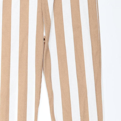 Close-up detail of LASULA women’s multicoloured striped polyester trousers, size UK 10, 33-inch leg regular