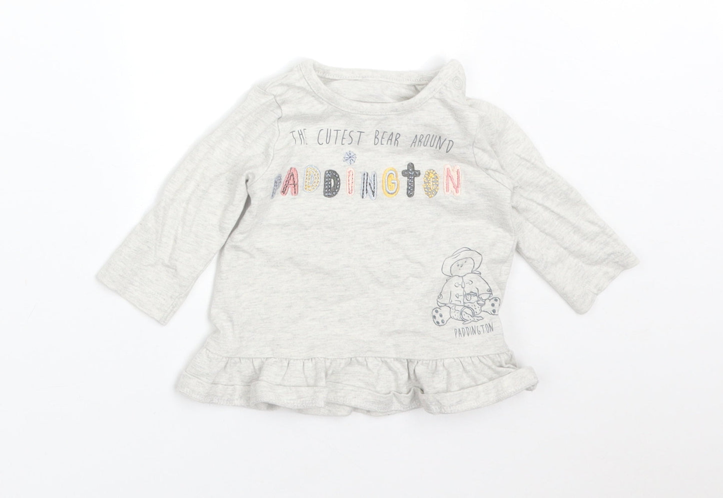 George Girls Grey  Cotton Basic T-Shirt Size 0-3 Months Round Neck  - THE CUTEST BEAR AROUND PADDINGTON