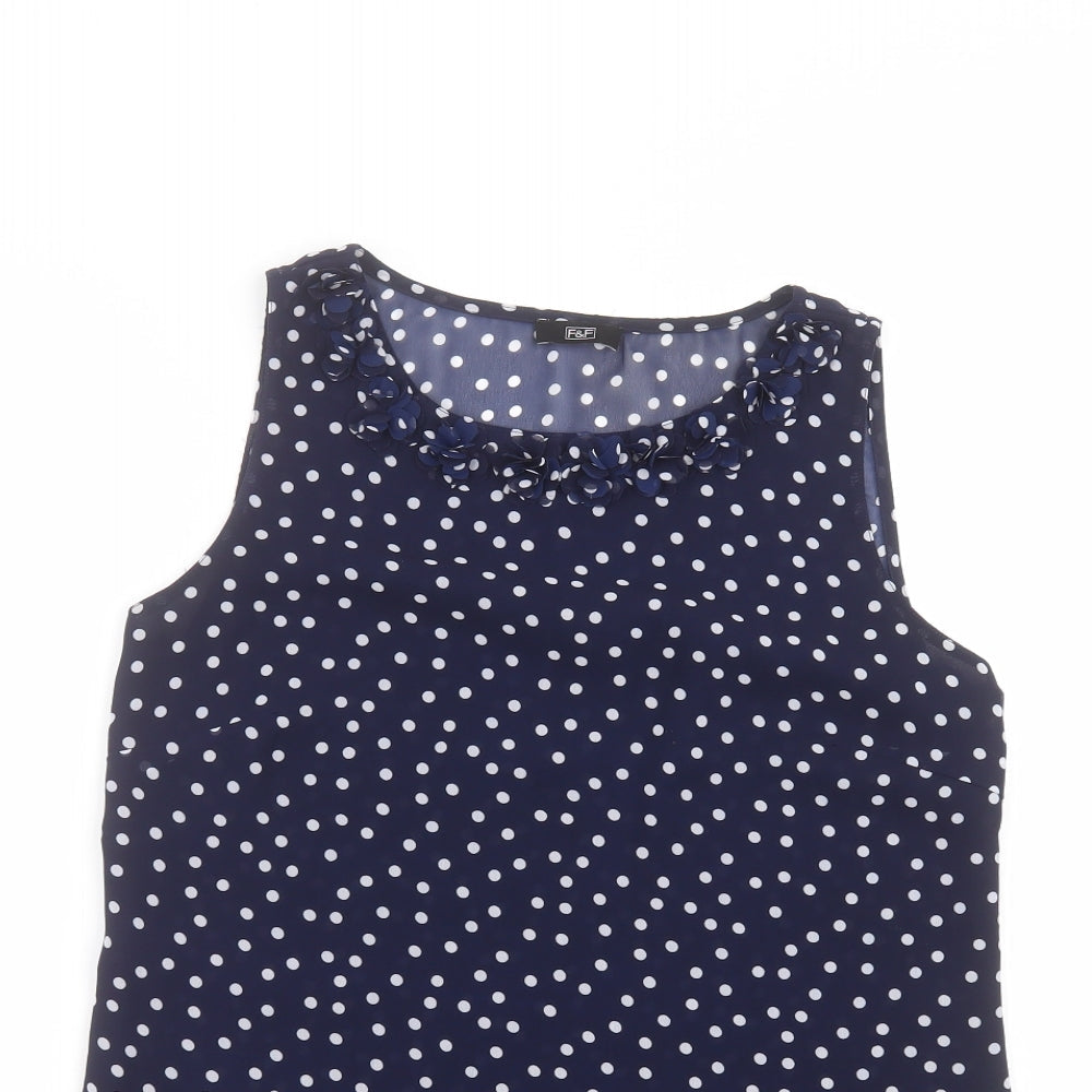 F&F Womens Blue Polka Dot Polyester Basic Blouse Size 8 Round Neck