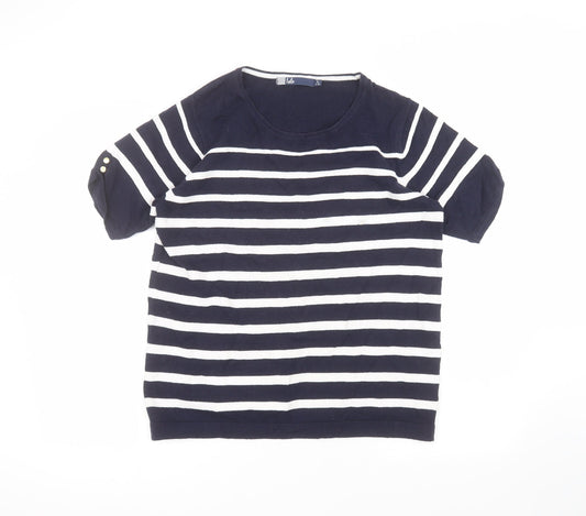 EWM Womens Blue Striped Cotton Basic T-Shirt Size M Round Neck