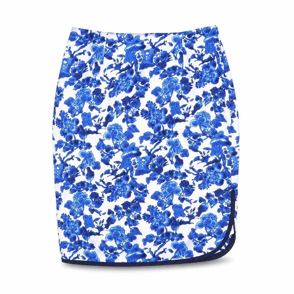 Front view of South women’s blue floral polyester straight & pencil skirt, size UK 14