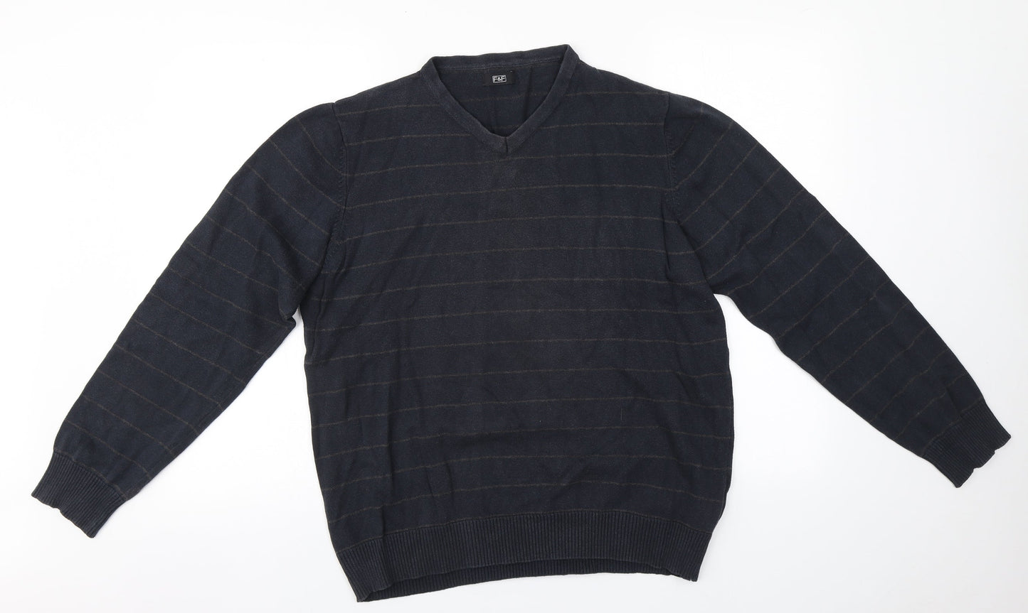 F&F Mens Red V-Neck Striped Cotton Pullover Jumper Size L