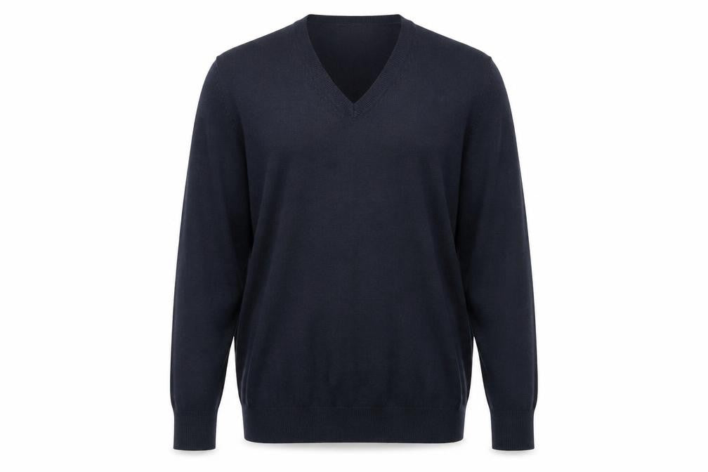 Front view of Marks & Spencer men’s blue v-neck acrylic jumper, size L