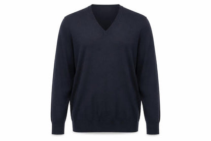 Front view of Marks & Spencer men’s blue v-neck acrylic jumper, size L