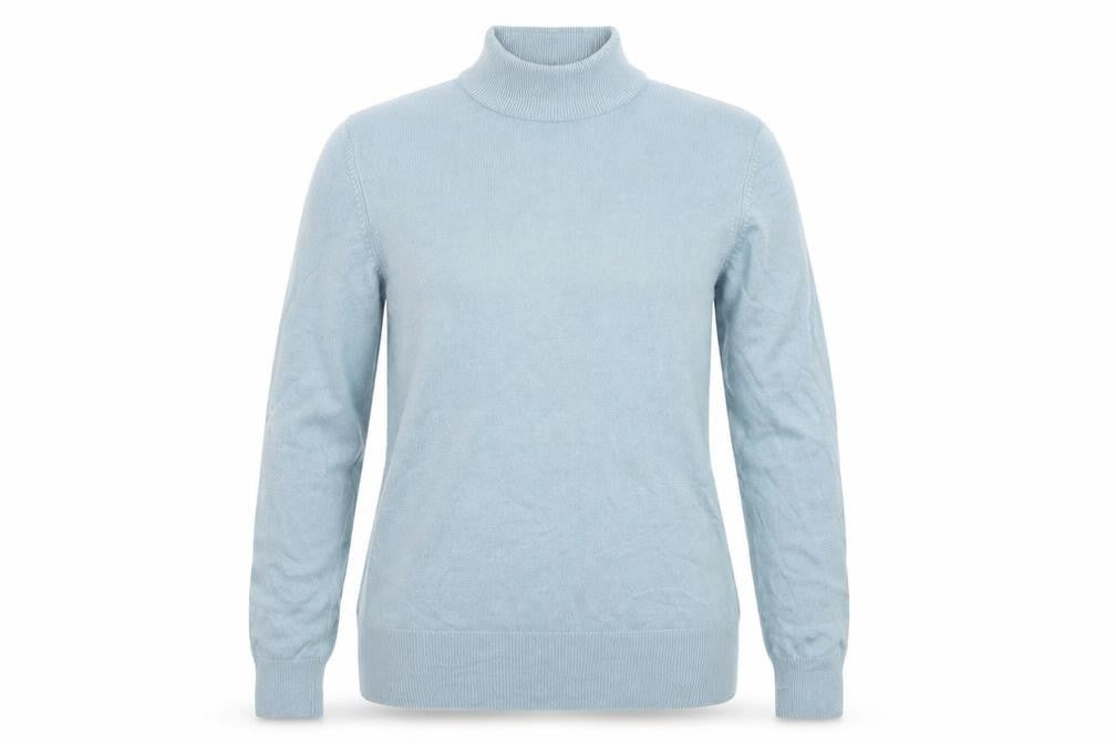 Front view of Marks & Spencer women’s blue high neck acrylic jumper, size UK 12