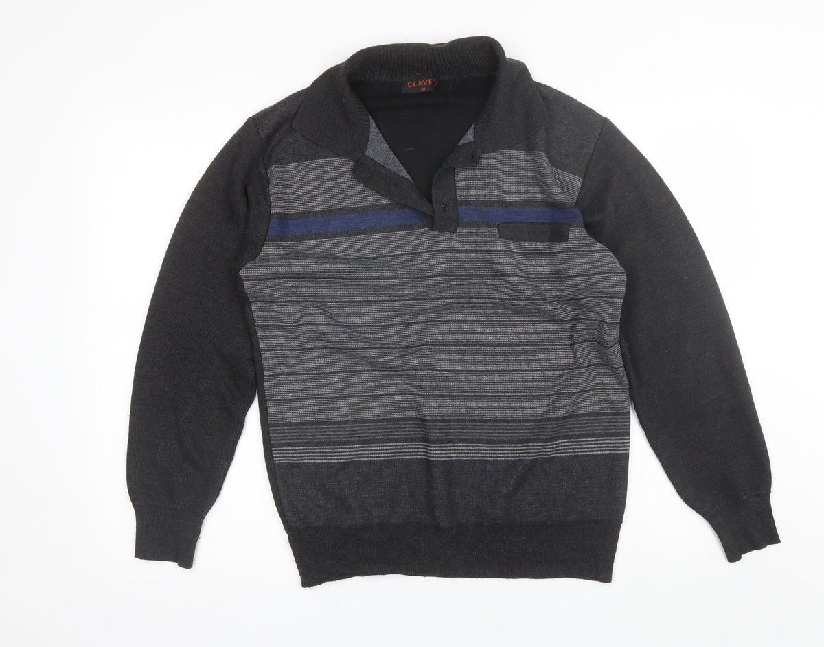 Additional front view of Clavel men’s grey collared striped acrylic jumper, size M