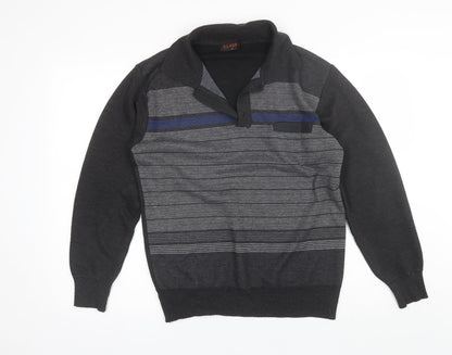 Additional front view of Clavel men’s grey collared striped acrylic jumper, size M