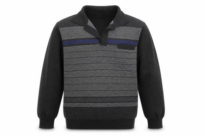 Front view of Clavel men’s grey collared striped acrylic jumper, size M