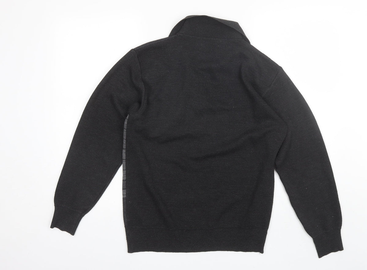 Back view of Clavel men’s grey collared striped acrylic jumper, size M