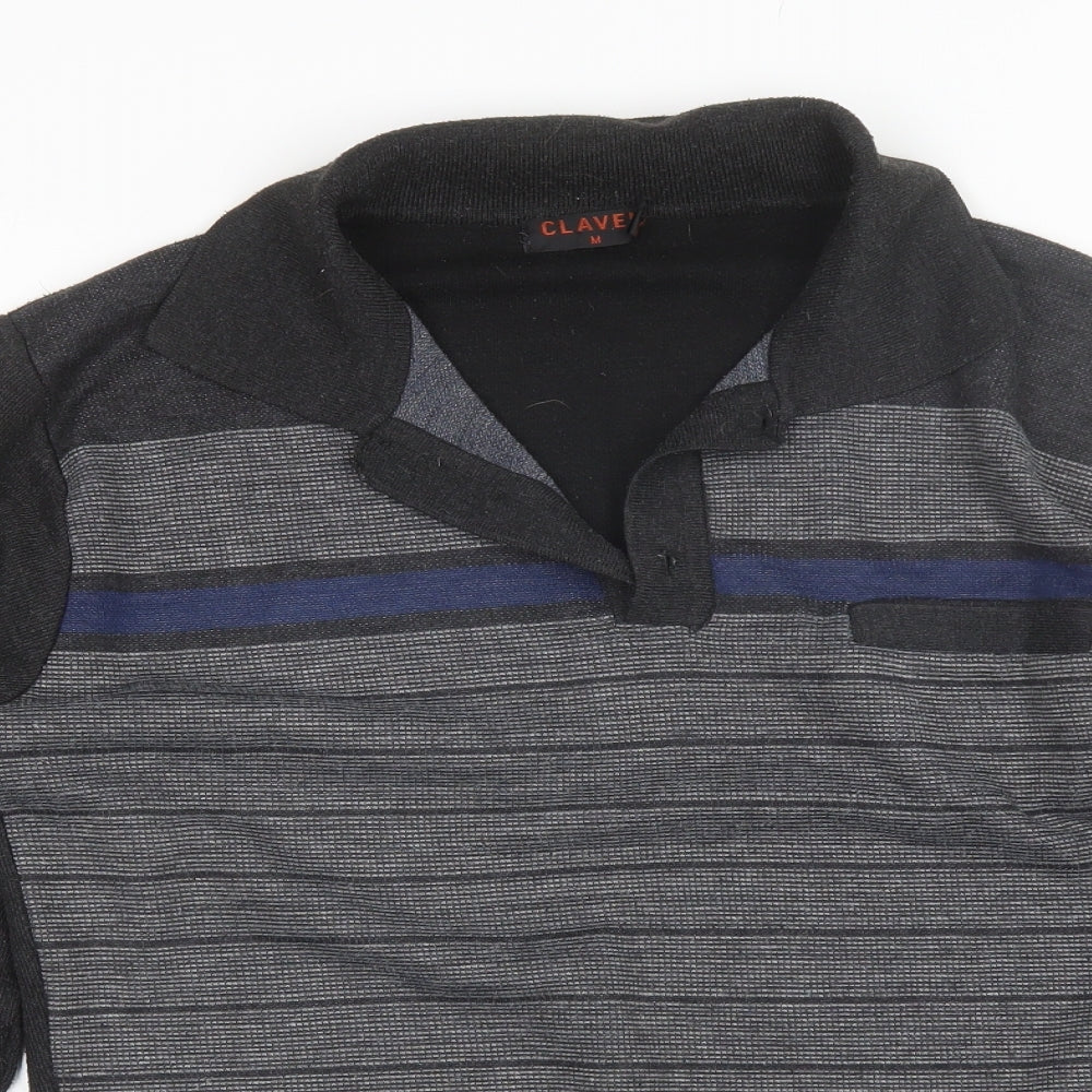 Close-up detail of Clavel men’s grey collared striped acrylic jumper, size M