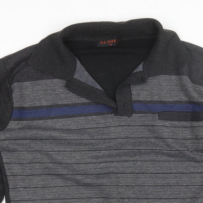 Close-up detail of Clavel men’s grey collared striped acrylic jumper, size M