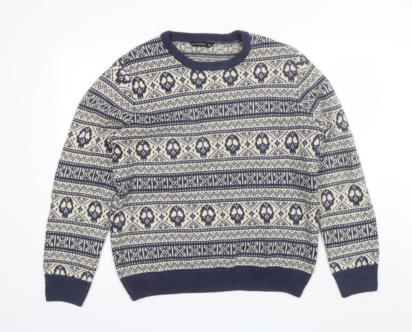 Cedar Wood State Mens Blue Round Neck Fair Isle Acrylic Pullover Jumper Size XL