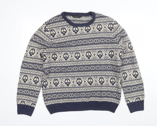 Cedar Wood State Mens Blue Round Neck Fair Isle Acrylic Pullover Jumper Size XL