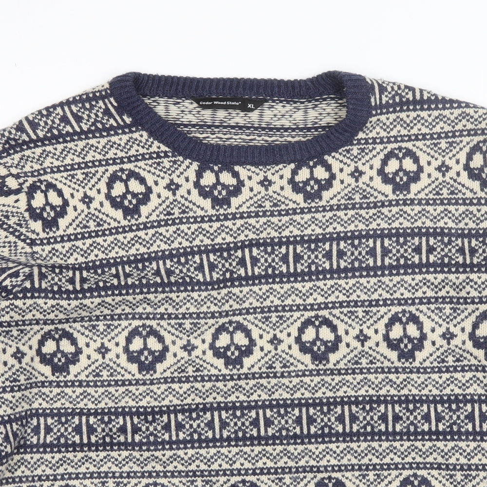 Cedar Wood State Mens Blue Round Neck Fair Isle Acrylic Pullover Jumper Size XL