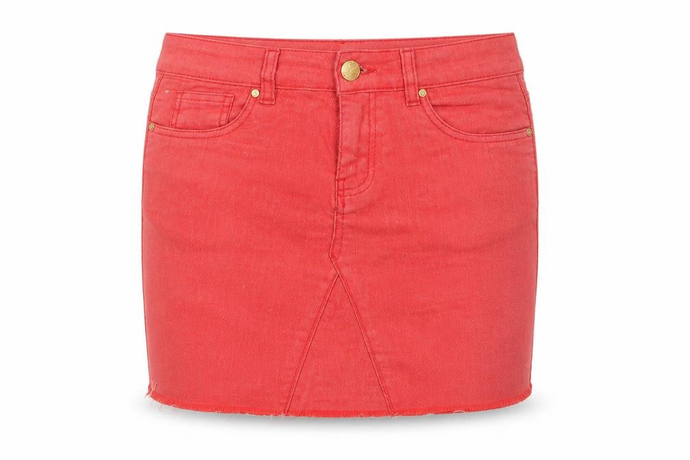 Front view of Denim Co women’s red cotton mini skirt, size UK 10