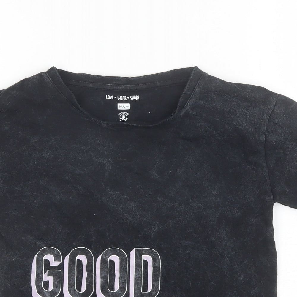 F&F Girls Black  Cotton Basic T-Shirt Size 6-7 Years Round Neck