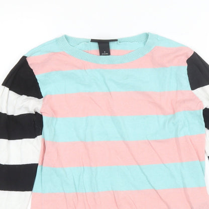 MONKL Womens Blue Round Neck Striped Cotton Pullover Jumper Size S